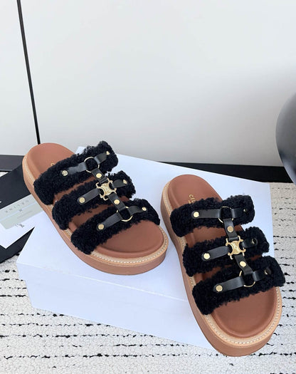 CE*LINE Shearling  Slippers Sandals Flat  2 Color 's