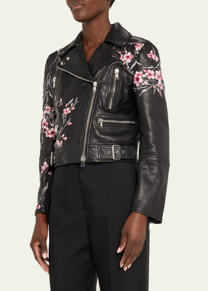 M*QUEEN Embroidered Leather Moto Biker Jacket  Limited