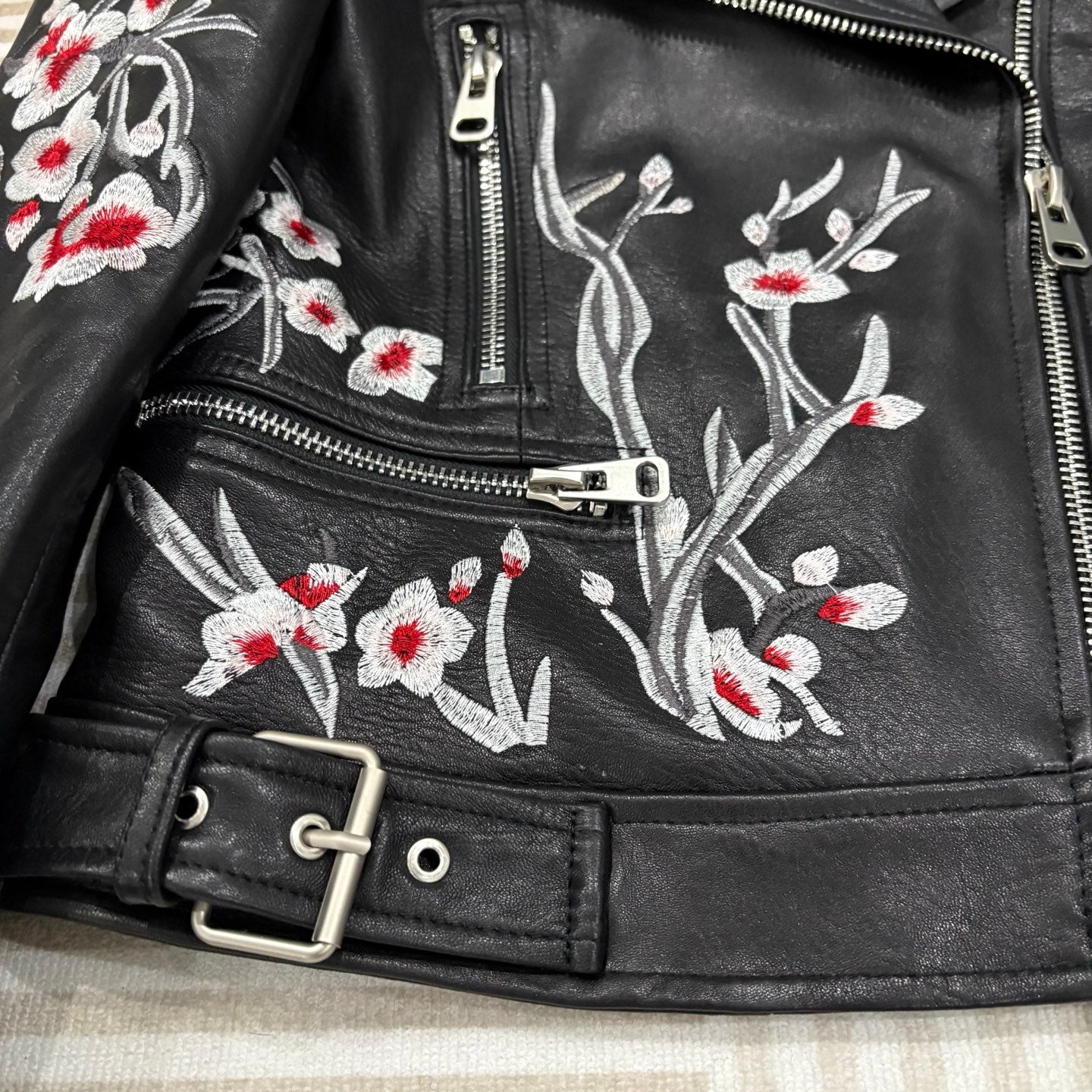 M*QUEEN Embroidered Leather Moto Biker Jacket  Limited