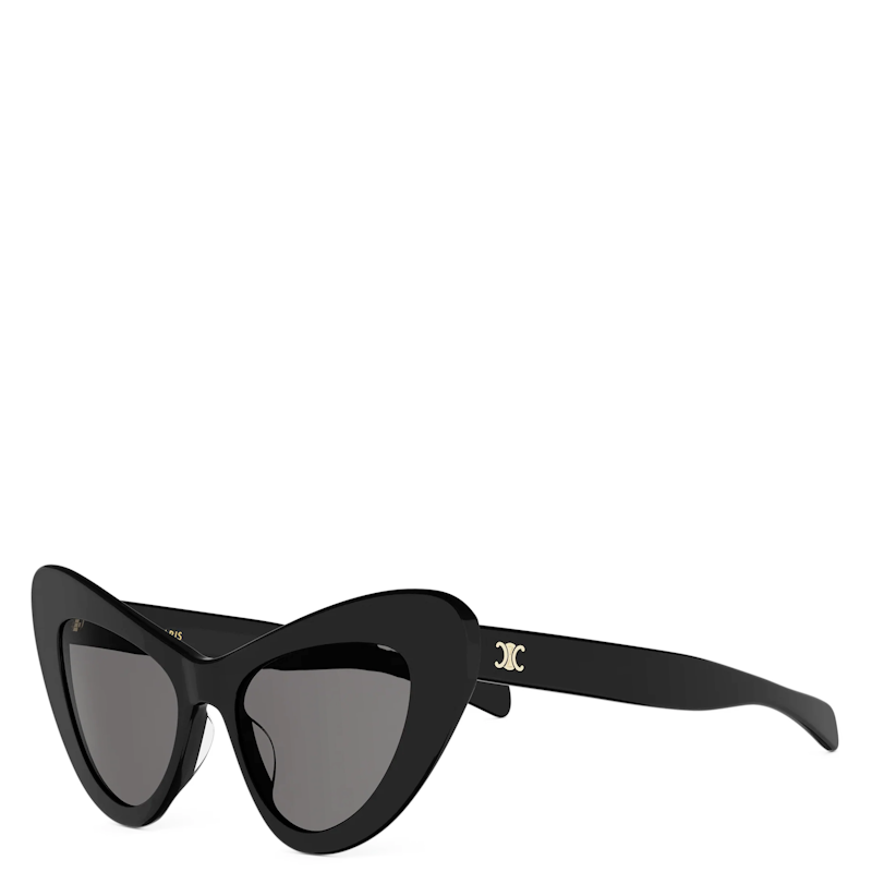 Black cat-eye sunglasses with dark lenses and a small gold logo detail on the temple arm, shown against a plain white background.