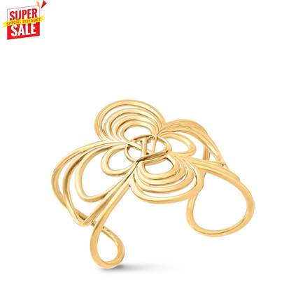 A gold-toned open cuff ring with an abstract, flowing looped design, shown on a plain white background with a red 'Super Sale' badge in the top-left corner.