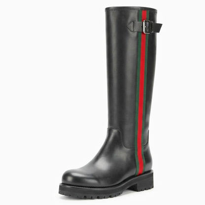 A single black leather knee-high boot with a signature vertical green and red stripe down the side and a buckle strap near the top, shown on a plain white background.