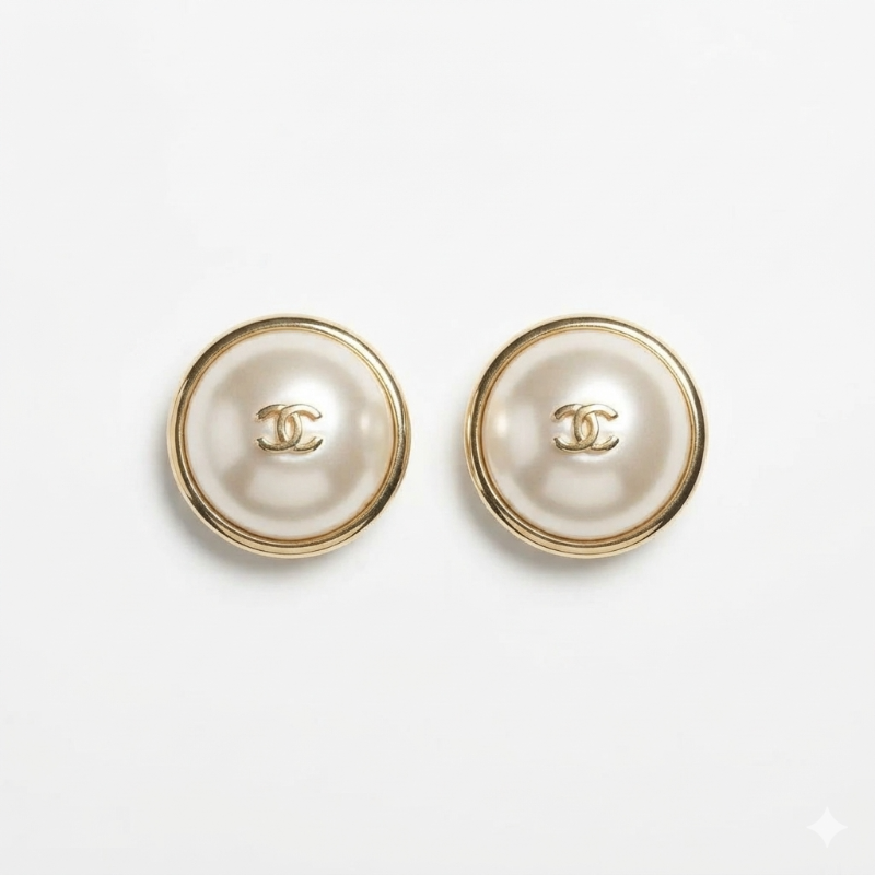 A pair of  round pearl stud earrings with gold-plated borders and the iconic interlocking CC logo in the center, set against a clean white background.