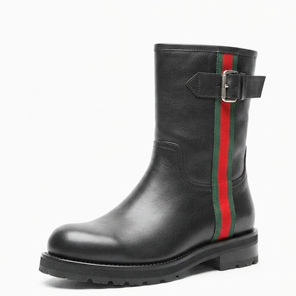 A black leather mid-calf boot featuring a signature red and green web stripe down the side and a matching black buckle strap on the upper shaft, set against a plain white background.