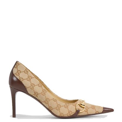A single pump shoe in beige GG Supreme canvas with dark brown leather trim, a pointed toe, and a gold-tone horsebit detail on the vamp, shown against a plain white background.