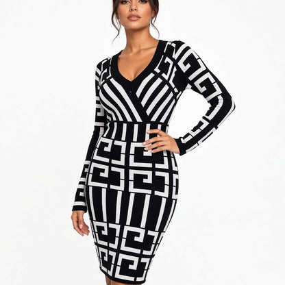 A woman modeling a long-sleeve bodycon dress with a bold black and white geometric pattern, set against a plain white background.