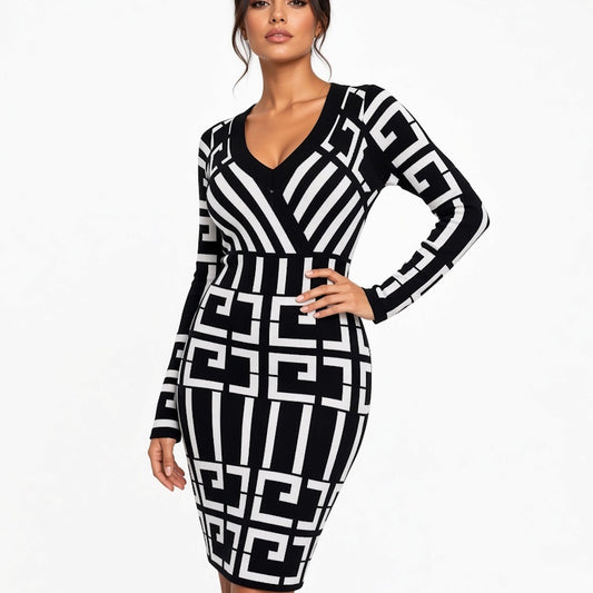 A woman modeling a long-sleeve bodycon dress with a bold black and white geometric pattern, set against a plain white background.