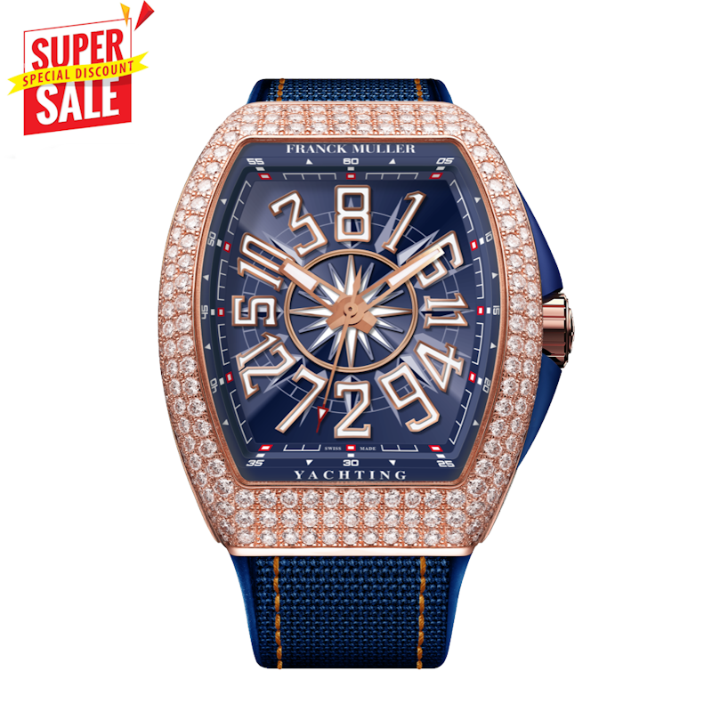  Yachting wristwatch with a blue dial, rose gold case, diamond-encrusted bezel, and blue fabric strap with orange stitching, shown on a white background with a red 'Super Sale' badge in the top-left corner.