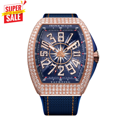  Yachting wristwatch with a blue dial, rose gold case, diamond-encrusted bezel, and blue fabric strap with orange stitching, shown on a white background with a red 'Super Sale' badge in the top-left corner.