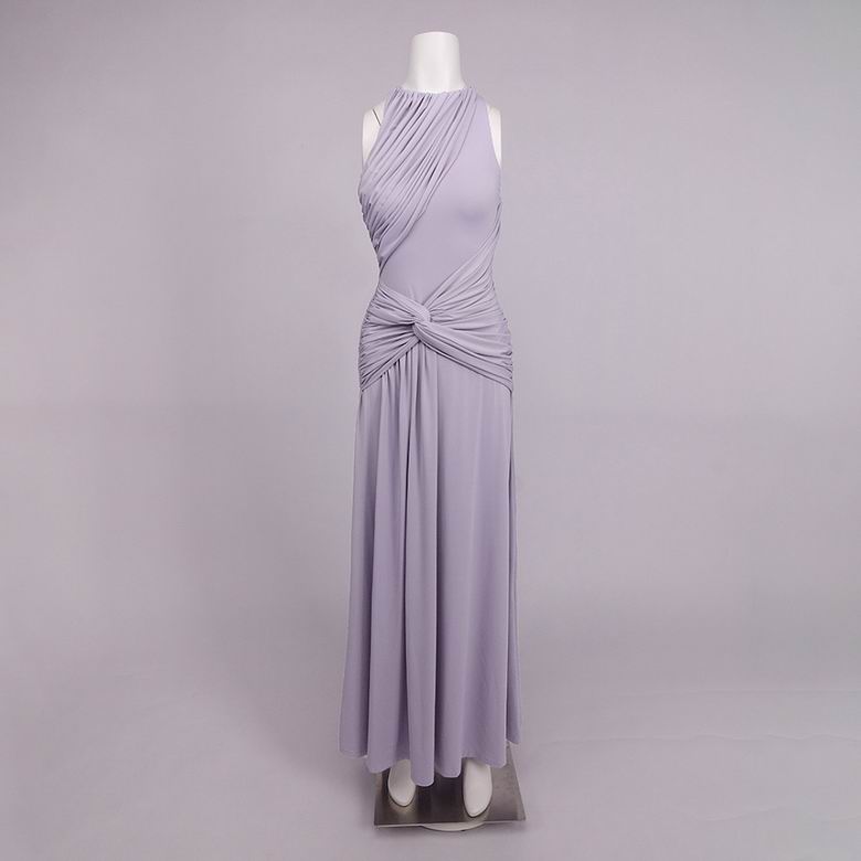 A sleeveless lavender maxi dress with draped wrap-style detailing and a twisted waist, displayed on a white mannequin against a light gray studio background.