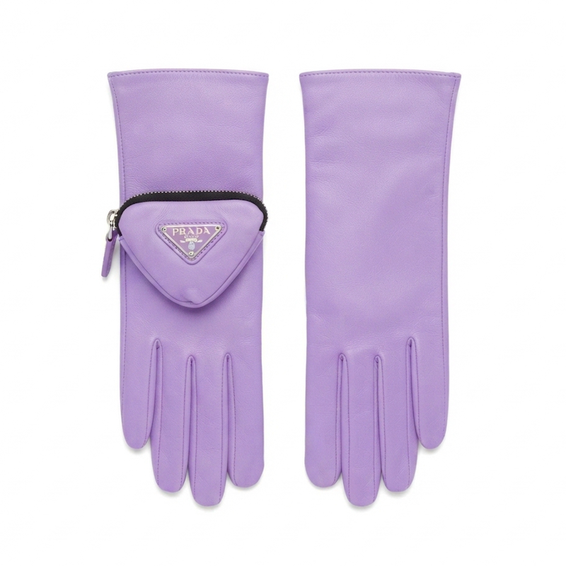 A pair of lavender  leather gloves, one showing the back with five fingers and the other showing the front with a matching zippered triangular Prada coin pouch attached.