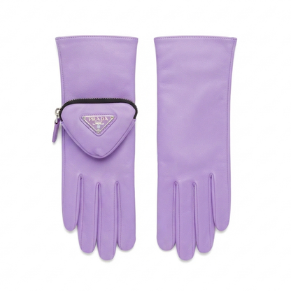 A pair of lavender  leather gloves, one showing the back with five fingers and the other showing the front with a matching zippered triangular Prada coin pouch attached.