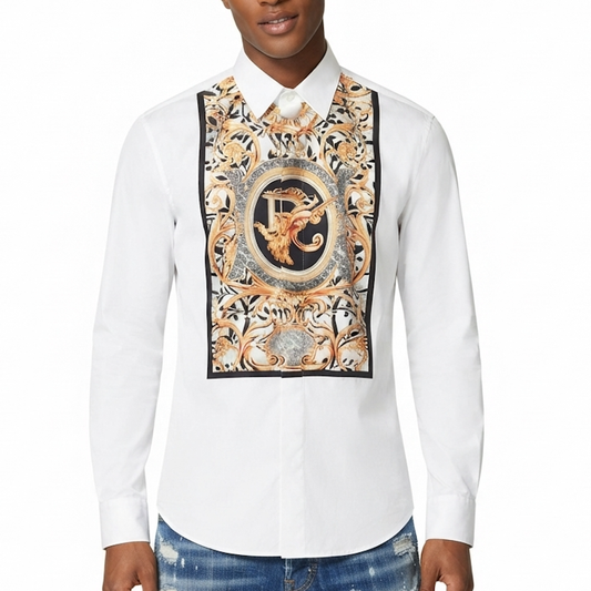 A white long-sleeve button-up shirt with a large ornate gold, black, and beige baroque-style chest print, worn by a model with blue jeans against a white background.