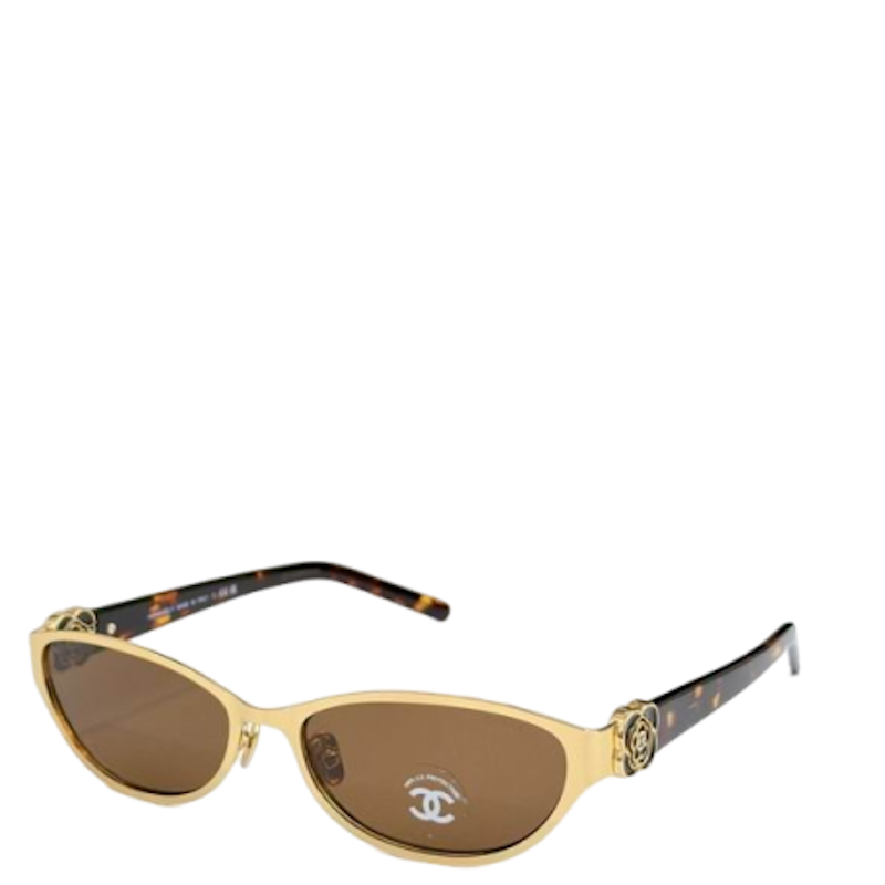 sunglasses with a gold-tone metal frame, brown tinted lenses, and tortoiseshell temples featuring the signature interlocking C C logo.