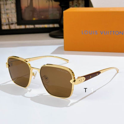 Louis Vuitton square aviator-style sunglasses with gold metal frames, brown tinted lenses, and a brown leather detail on the temple, displayed next to an orange Louis Vuitton box on a white surface.