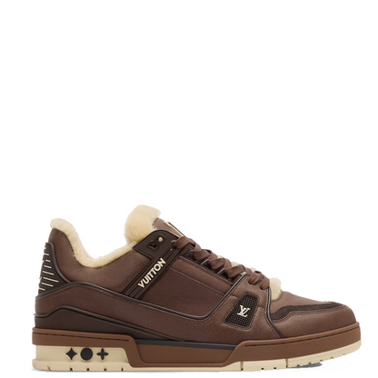 Brown sneaker with a white sole on a white background