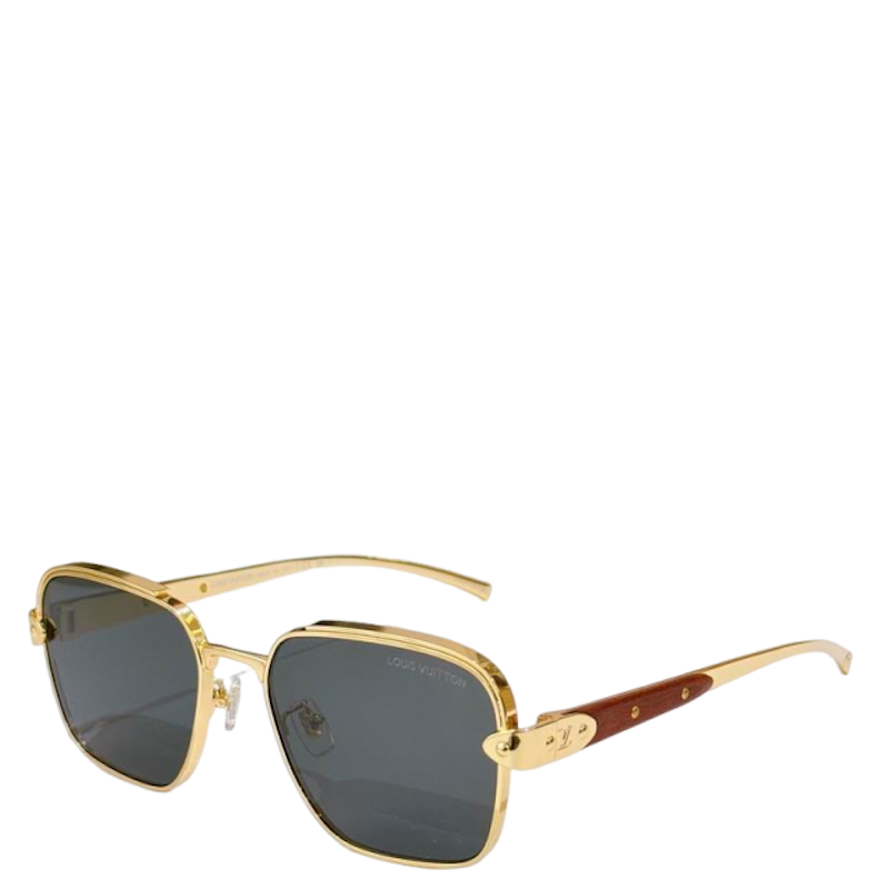 Louis Vuitton square aviator-style sunglasses with gold metal frames, dark gray lenses, and brown wood-look temples, shown on a plain white background.