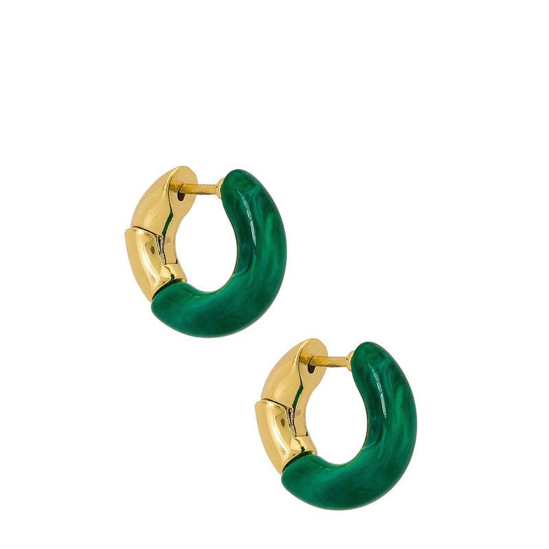 A pair of gold and emerald green hoop earrings on a plain white background.