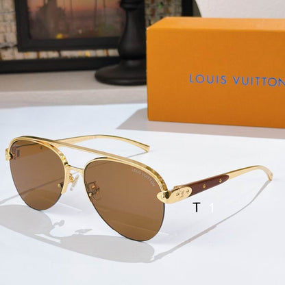 Louis Vuitton aviator sunglasses with gold metal frames, brown lenses, and brown wooden temples, displayed next to their signature orange box.