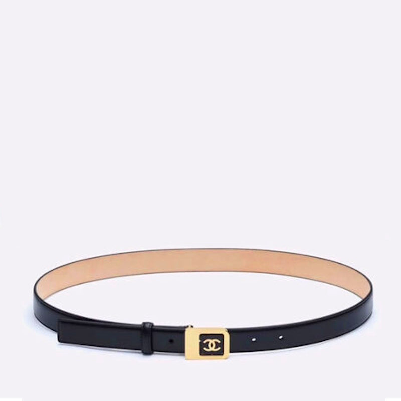 A black leather belt with a gold-tone metal buckle featuring the interlocking C C logo of CHL, displayed on a light gray background.