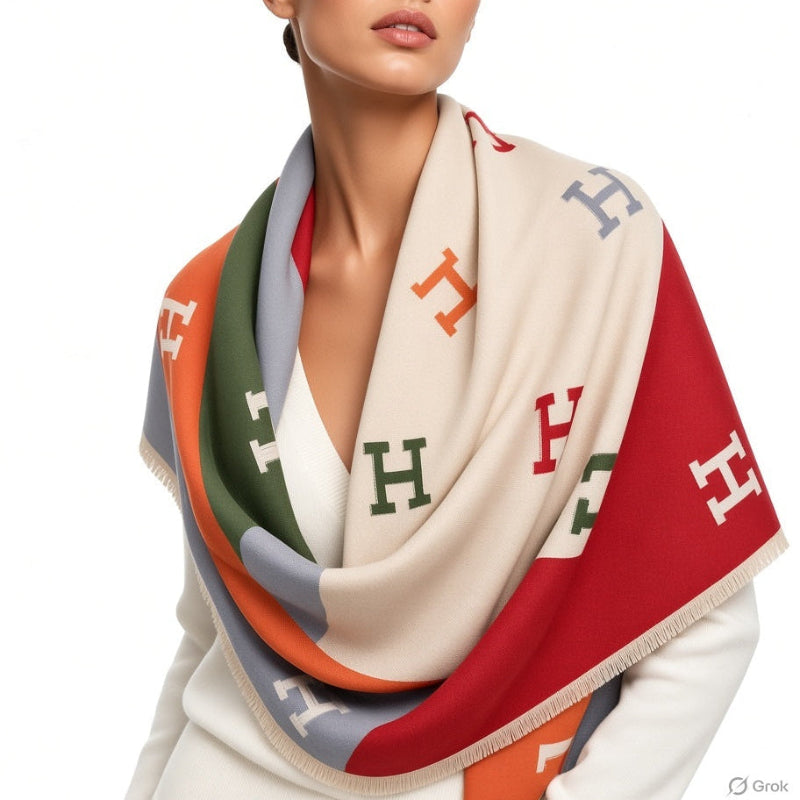 A model wearing a infinity scarf with a cream base and large multicolor H logos, including red, orange, green, gray, and white, set against a plain white background.