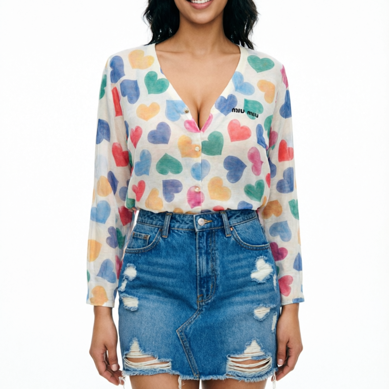 A woman wearing a long-sleeve V-neck blouse with a colorful heart print and a distressed blue denim mini skirt, photographed against a plain white background.