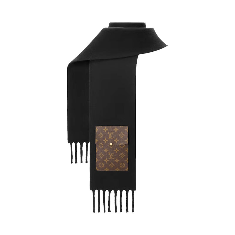 A black wool scarf featuring a rectangular brown monogram patch with gold-tone hardware and a small LU logo, finished with black fringe tassels, shown on a plain white background.