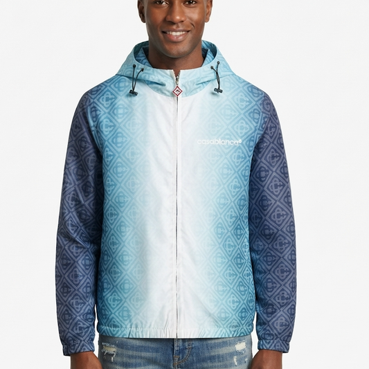 A man wearing a hooded zip-up jacket with a light blue to white gradient center, patterned blue sleeves, and a white 'codalancer' logo on the chest, set against a plain white background.