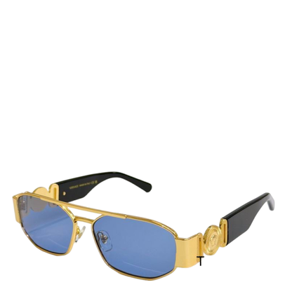 Gold-framed sunglasses with blue-tinted lenses and black temple arms, shown on a plain white background.