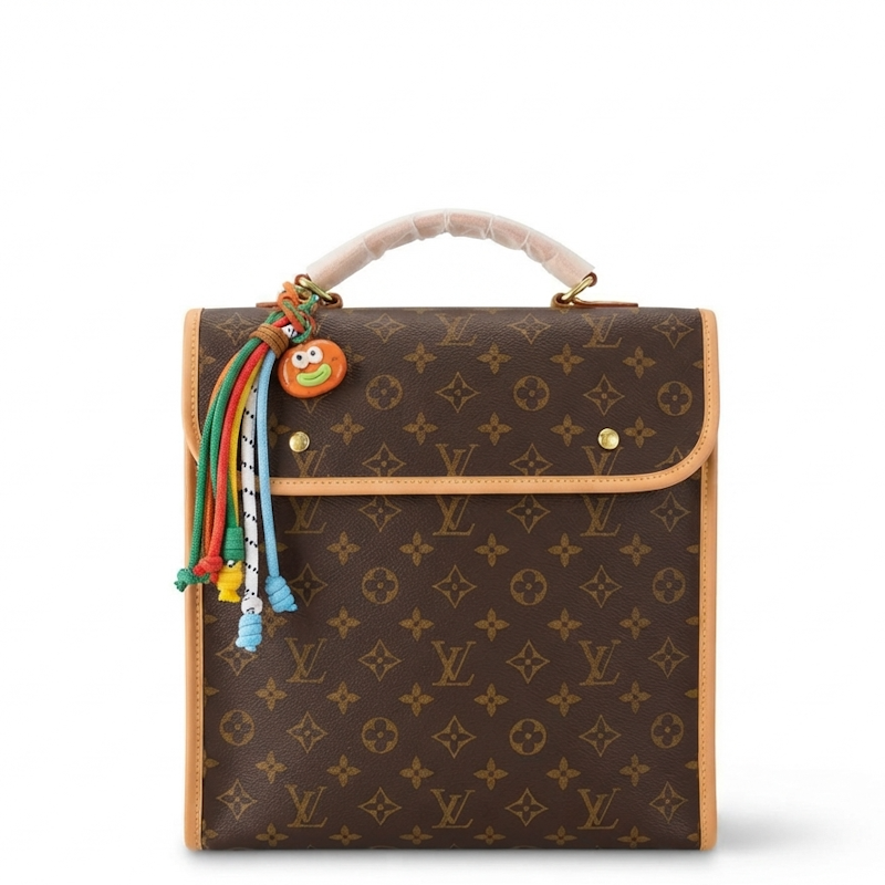monogram canvas handbag with a beige leather handle, gold-tone hardware, and a colorful beaded tassel charm featuring a cartoon character, shown on a plain white background.