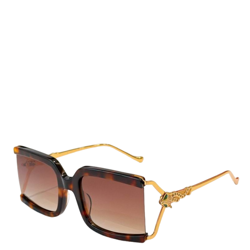 A pair of designer sunglasses featuring a gold-tone metal frame, tortoiseshell acetate rims, and gradient brown lenses, with a decorative animal-head emblem on the temple arm.