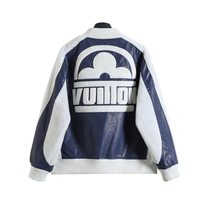 LU Jacket Flower Mix Leather Teddy Dark Navy