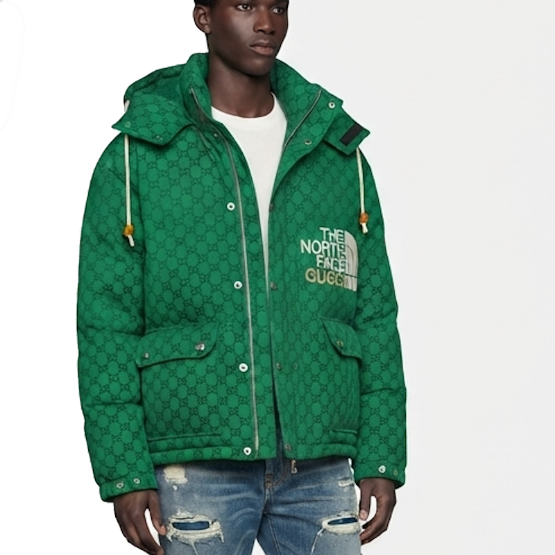 A model wearing a green quilted puffer jacket with a repeating monogram pattern, featuring 'THE NORTH FACE ' text on the chest, styled with distressed blue jeans against a plain white background.