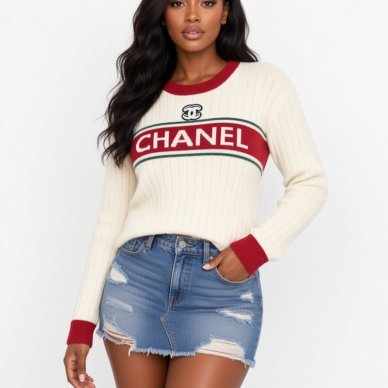 A woman wearing a cream ribbed knit sweater with a red and green horizontal stripe across the chest featuring the word and a small interlocking CC logo above it, paired with a distressed blue denim mini skirt against a plain white background.