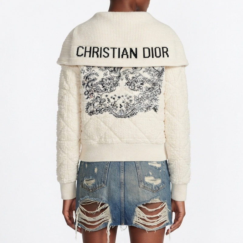 A model shown from the back wearing a cream-colored ribbed knit sweater with embroidered in black across the shoulders and a large black toile-style pattern across the back. The model is also wearing distressed denim shorts against a plain white background.