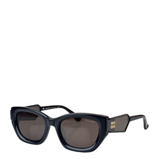 Miu Miu sunglasses with a glossy black cat-eye frame and dark brown tinted lenses, featuring the Miu Miu logo on the temple arm.