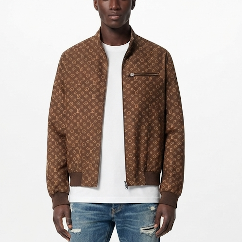 A man wearing a brown monogram bomber jacket over a white t-shirt and blue jeans, photographed against a plain white studio background.