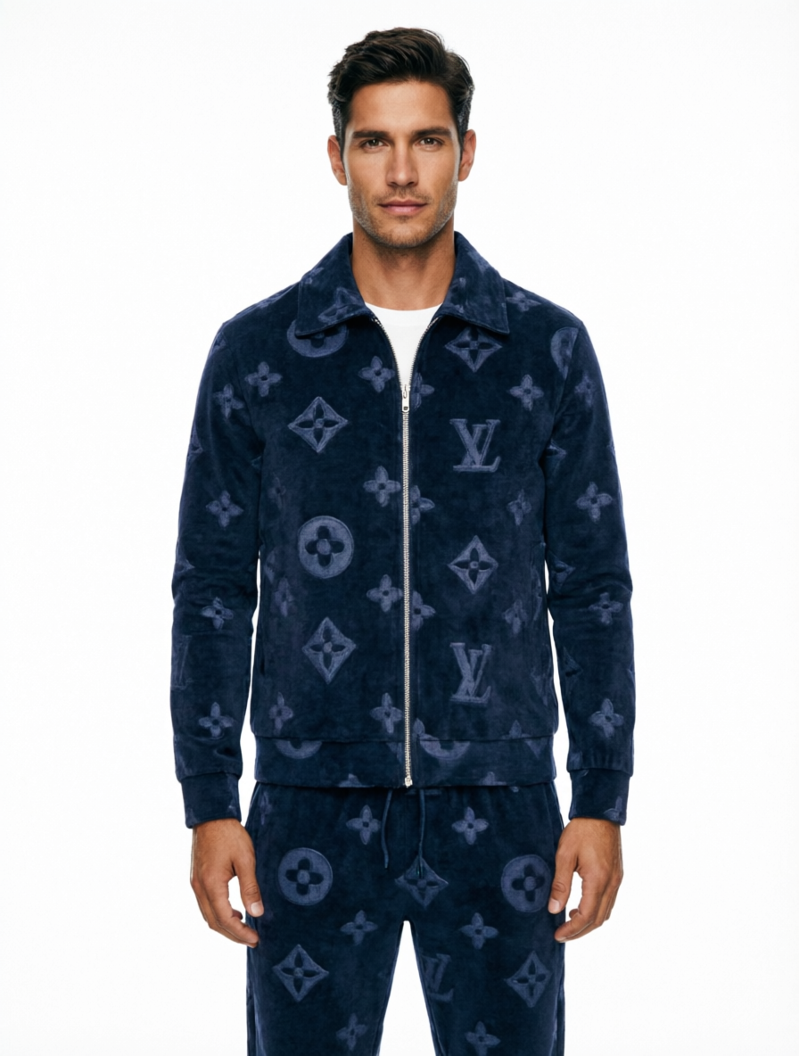 A man modeling a navy blue L velour tracksuit with the brand's signature monogram pattern, featuring a zip-up jacket and matching pants, against a plain white background.