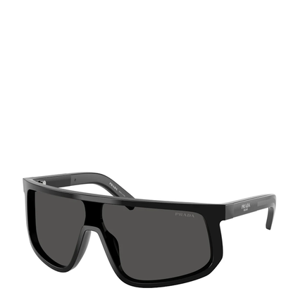 Prada shield-style sunglasses with a glossy black frame and dark gray lenses, shown on a plain white background.