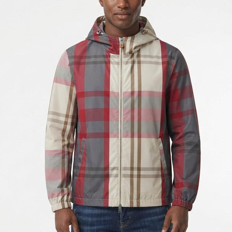 A man wearing a hooded zip-up jacket with a classic plaid pattern in beige, red, and gray, paired with blue jeans against a plain white background.