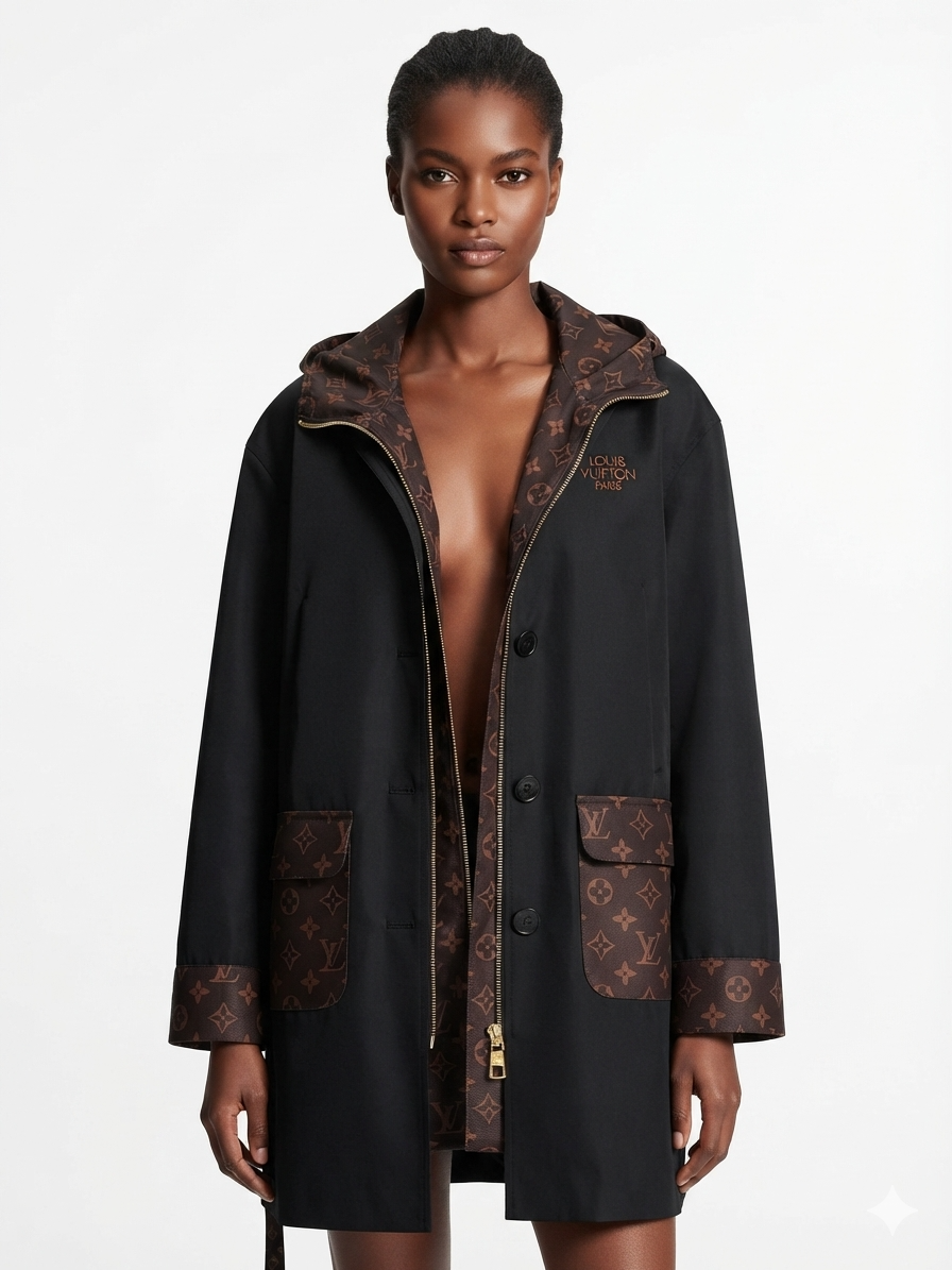 A model wears a black hooded coat with brown and beige monogram pattern detailing on the hood lining, cuffs, pockets, and a small embroidered logo on the chest.
