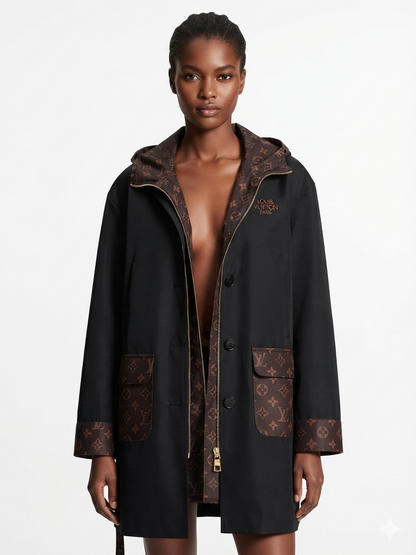 A model wears a black hooded coat with brown and beige monogram pattern detailing on the hood lining, cuffs, pockets, and a small embroidered logo on the chest.