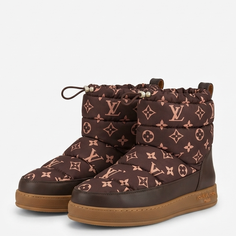 A pair of  quilted winter boots in dark brown with the signature monogram pattern in a dusty rose pink, featuring a thick brown leather sole.