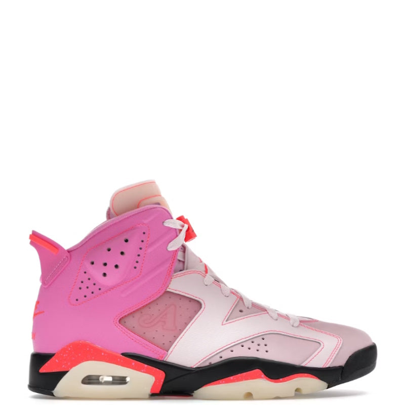 A high-top sneaker in shades of pink, featuring a bright hot pink ankle collar, a pale pink and white leather upper, and a black and cream midsole with vibrant pink and orange-red accents.