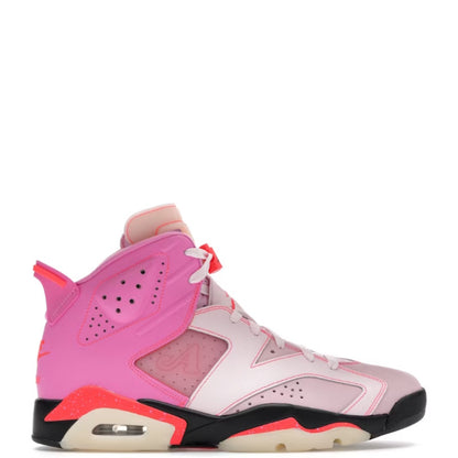 A high-top sneaker in shades of pink, featuring a bright hot pink ankle collar, a pale pink and white leather upper, and a black and cream midsole with vibrant pink and orange-red accents.