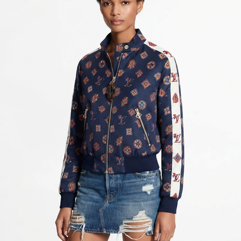 A model wearing a navy blue bomber jacket with an all-over monogram pattern and white striped sleeves featuring the brand's signature LV logo, paired with a distressed denim skirt against a plain white background.