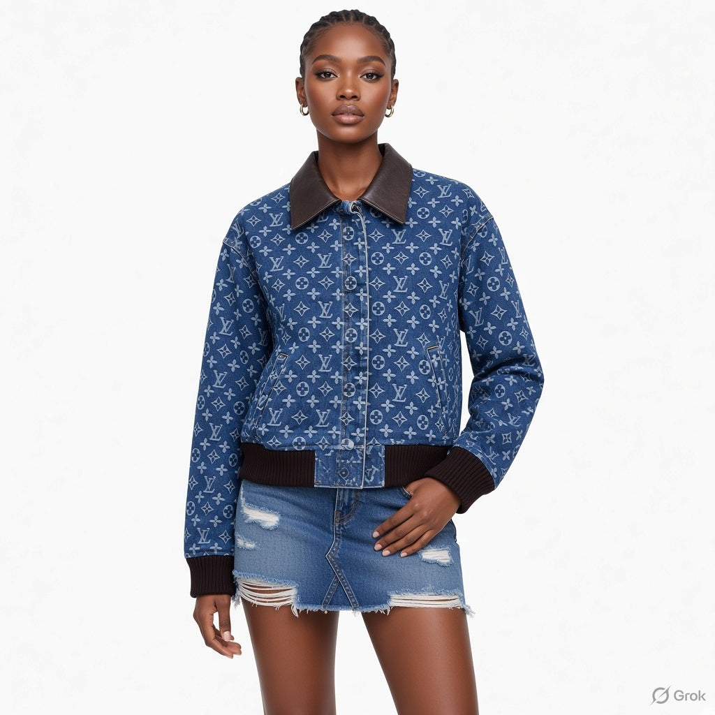 A model wearing a monogram denim jacket with a dark brown collar and ribbed trim, paired with a distressed denim mini skirt, against a plain white background.