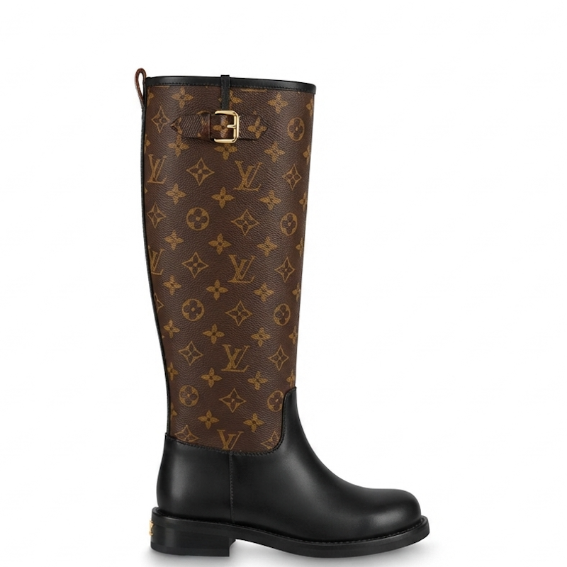 knee-high rain boot in brown monogram canvas and black leather, shown from a side profile on a white background.