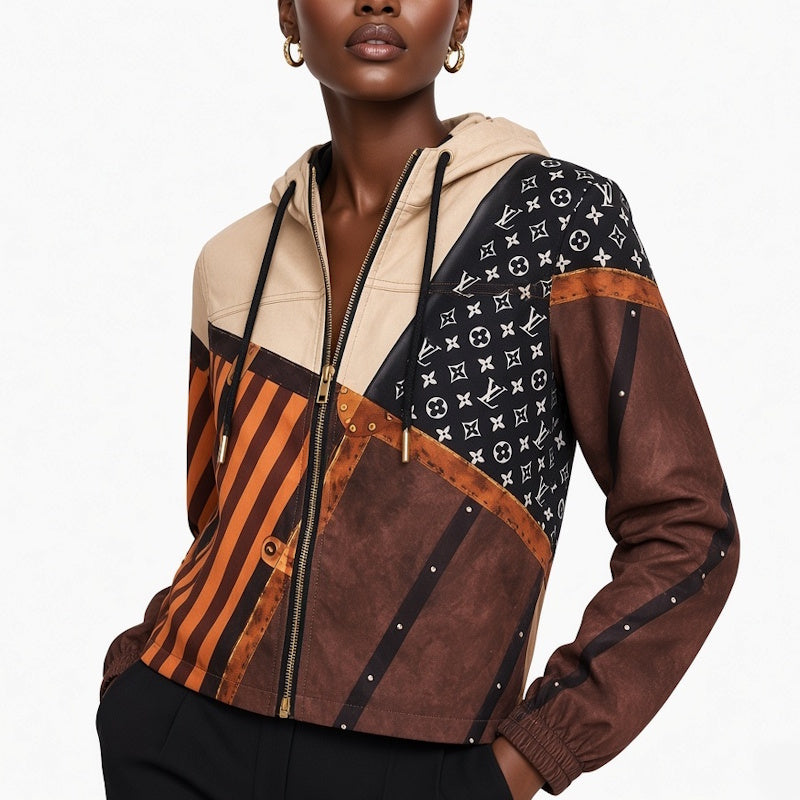 A cropped zip-up hoodie with a color-blocked design featuring brown suede-like panels, black panels with white monogram patterns, and orange-and-brown vertical stripes, worn by a model against a white background.