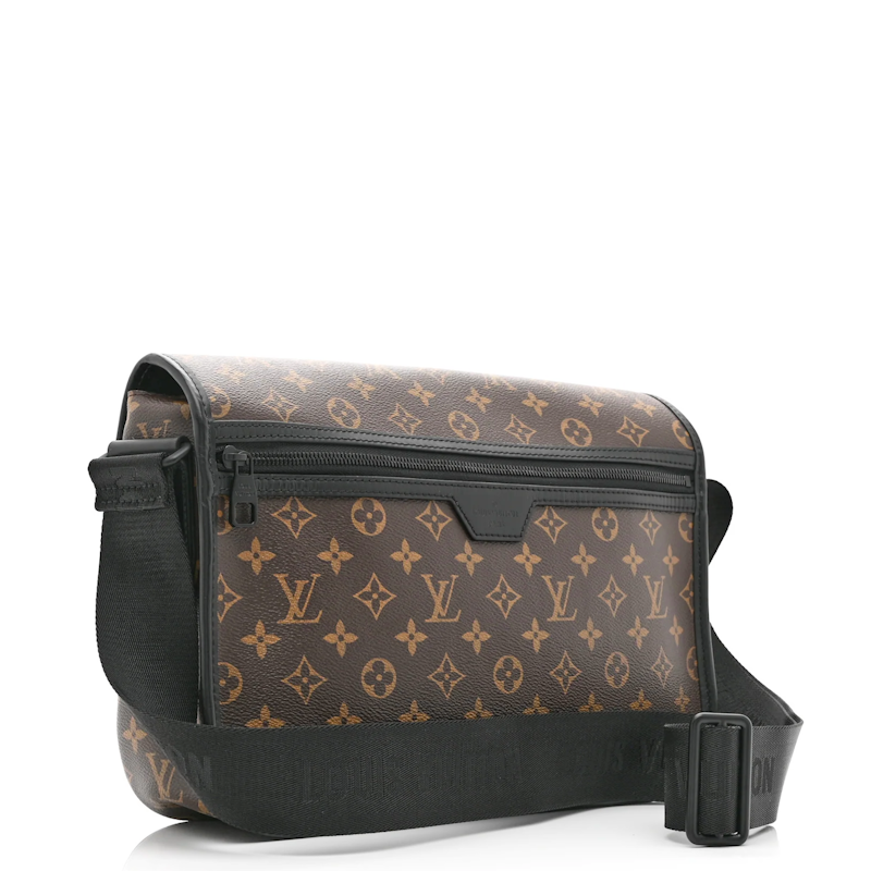 messenger bag in brown monogram canvas with black leather trim and a black adjustable shoulder strap, shown on a white background.